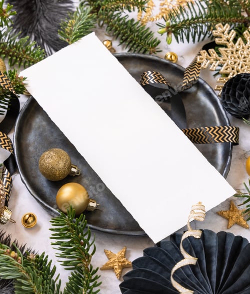 Preview: Black and golden Christmas Table setting with ornaments and fir tree branches. Menu card Mockup