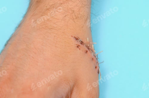 Preview: Suture wound on hand,Pain of accident concept