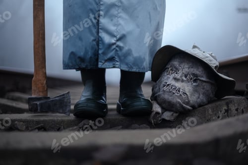 Preview: Creepy person with axe and severed head of scarecrow