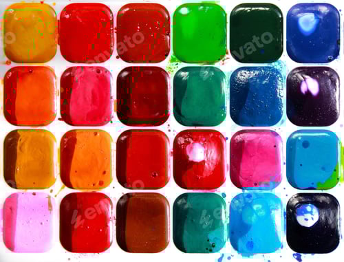 Preview: Top view of old dirty big set of colorful watercolor paints