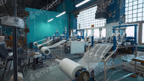 Preview: Industrial production of plastic grids. Creative. Machines winding thermoplastic meshes made of
