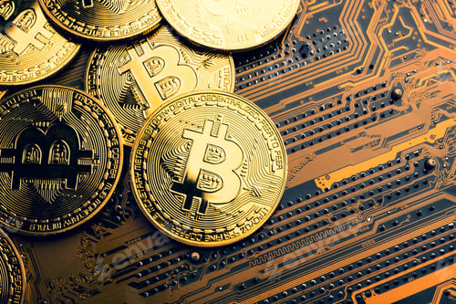 Preview: Golden coins with bitcoin symbol on a mainboard.