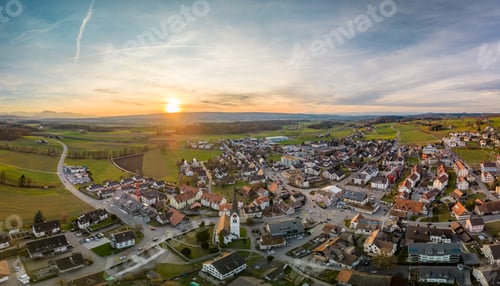 Preview: Aerial panorama view to lake Zug and Swiss Alps with Mettmenstetten, Switzerland