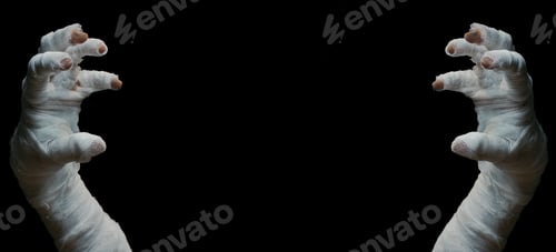 Preview: Halloween background. Bandaged hands of a zombie on a dark background. Halloween design. Copy space.