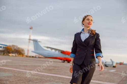 Preview: Cheerful female flight attendant walking down airfield