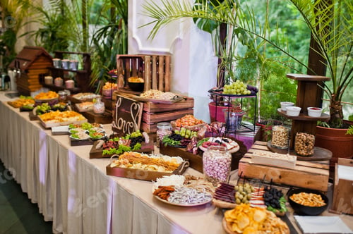 Preview: Dessert table of delicious snacks on wedding reception.