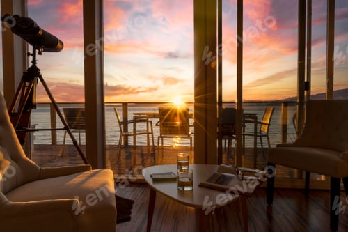 Preview: Sunset view through window with drinks.