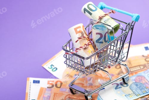 Preview: Shopping cart full of roll euro banknotes.