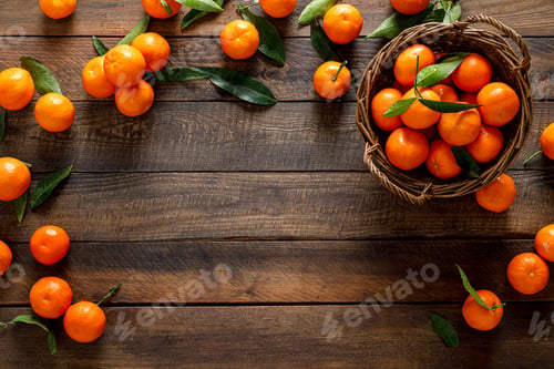 Preview: Tangerines, fresh mandarin oranges, clementines with leaves on wooden background