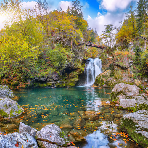 Preview: Breathtaking autumn view of popular tourist destination Sum Waterfall in Vintgar Gorge.