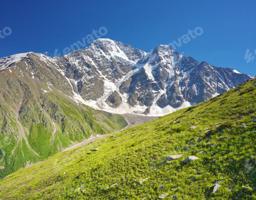 Preview: Mount Cheget and green grass meadow nature landscape at day.