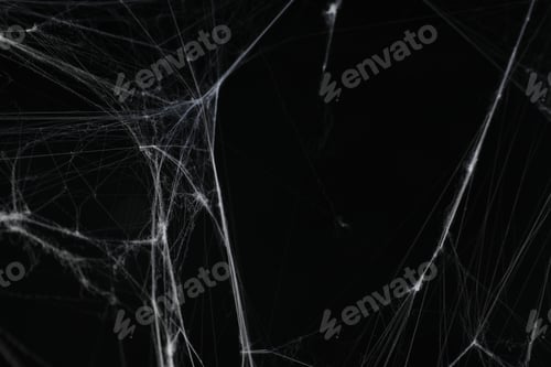 Preview: Creepy white cobweb on black background, closeup
