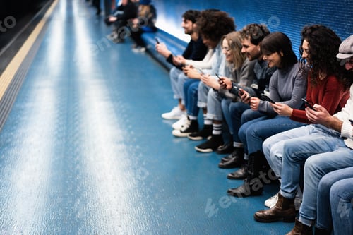Preview: Young multiracial friends having fun using mobile phones inside subway station