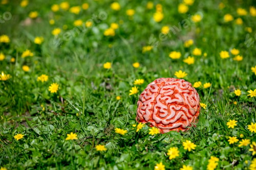 Preview: Human brain on a green meadow with yellow flowers. Concept of psychological therapy