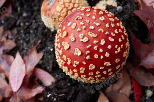 Preview: Red Mushroom With White Spots Among Fall Leaves