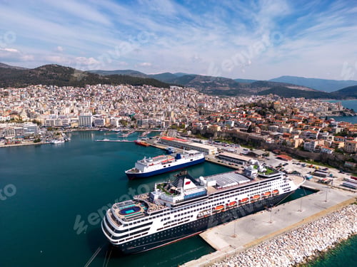 Preview: Aerial view cruise ship in port of Kavala. Visitors can enjoy breathtaking panoramas of the city's