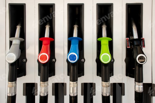 Preview: Various gasoline petrol pumps on a gas station. Fuel nozzles oil dispensers. Petrol gas diesel fuel
