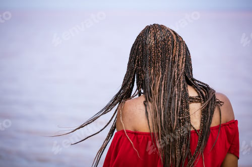 Preview: African woman with pigtails back against the background of the sea