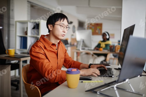 Preview: Working Asian Man Using Laptop in Modern Office Setting