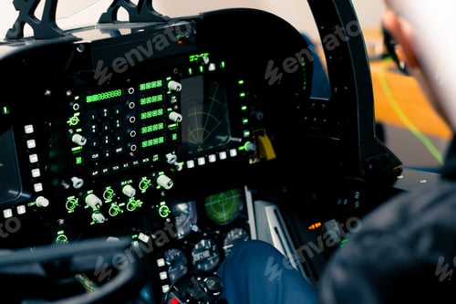 Preview: the cockpit of a military plane with many buttons on the control panel of airplane flight simulator