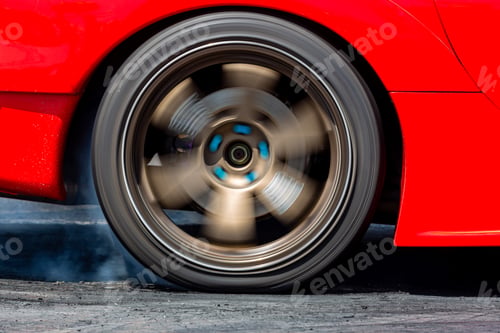 Preview: Car wheel spinning wheel and smoking, Race car burning tire for warm up tire before competition,