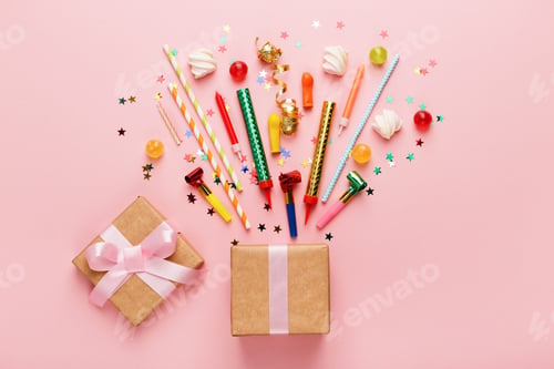 Preview: Birthday party background with gift and lollipops