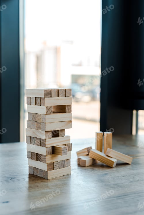 Preview: KYIV, UKRAINE - NOVEMBER 22, 2019: tower with blocks wood game on table