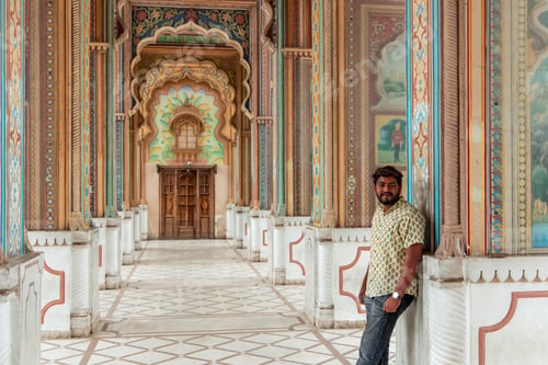 Preview: Tourist posing in the colorful Sisodia Rani Palace and Garden in Jaipur
