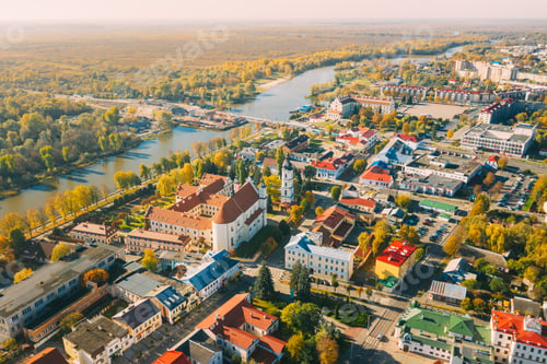 Preview: Pinsk, Brest Region, Belarus. Pinsk Cityscape Skyline In Autumn Morning. Bird's-eye View Of