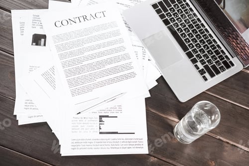 Preview: top view of contract documents and laptop computer on wooden tabletop