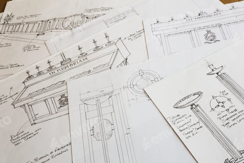 Preview: Close up of design drawings for a carved wooden bowl on a stand, handwritten notes.