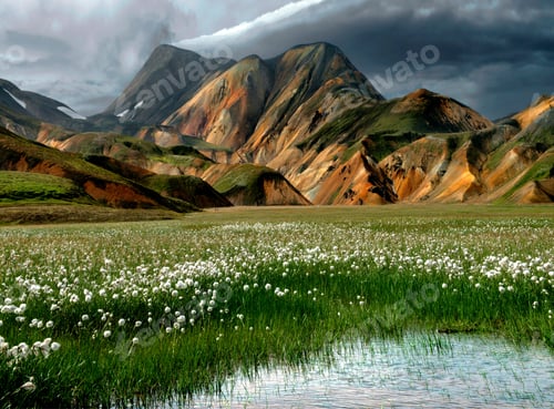 Preview: Breathtaking view of the lakeshore with green mountains in Iceland