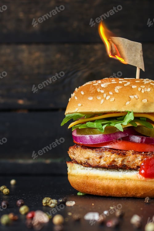 Preview: Burger, Meat Cutlet Beef Steak, Tomato, Sauce And Lettuce (Tasty Meat Snack Sandwich) Menu Concept
