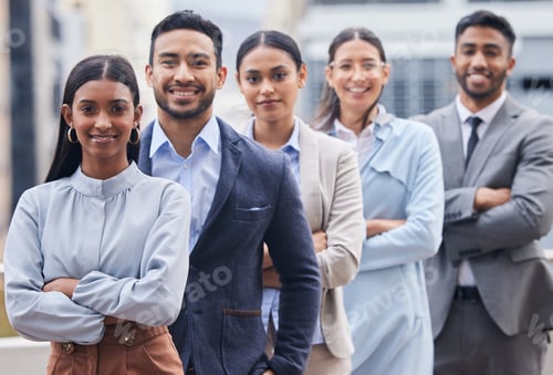 Preview: This team conquers all. Shot of a diverse group of businesspeople standing in a line.