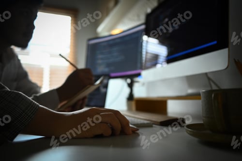 Preview: Professional software developers writing program code on computer in office