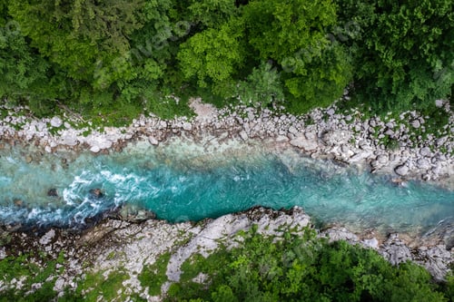 Preview: Aerial drone view of Soca river and green lush landscape in Slovenia at summer