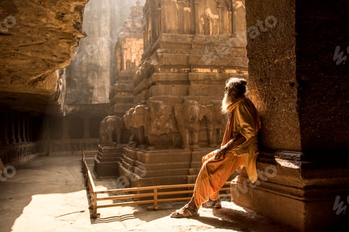 Preview: Hindu Sadhu the holy men visiting the Kailasa Temple, Ellora caves, UNESCO world heritage side.