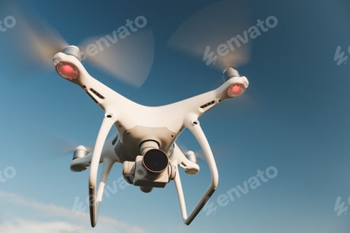 Preview: White drone hovering in a bright blue sky