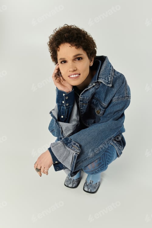 Preview: Captivating young woman in stylish denim outfit poses gracefully in a minimalist studio setting