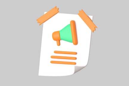 Vista previa: Megáfono naranja y verde sobre papel blanco con tres líneas horizontales.