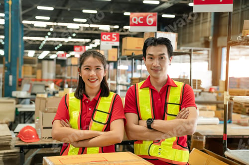 Preview: Portrait of staff worker standing in warehouse with his arm crossed looking at camera.
