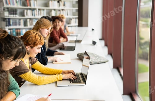 Preview: Young multiracial people studying in library - School education concept
