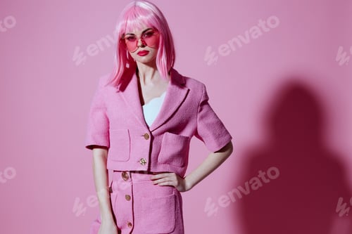 Preview: Portrait of a young woman gesturing with hands pink jacket lifestyle glamor color background