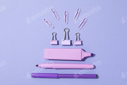 Preview: Stationary on colorful background, flat lay composition