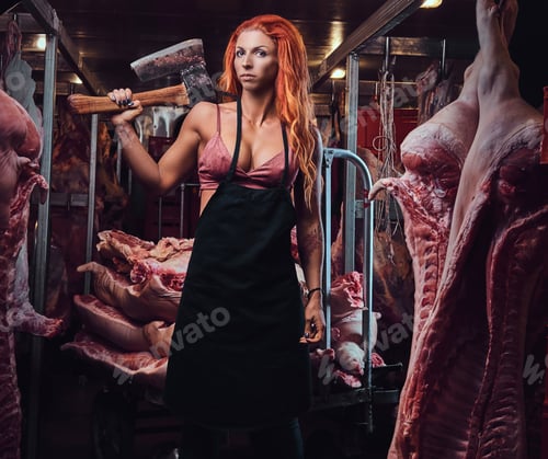 Preview: Redhead female in a meat factory.