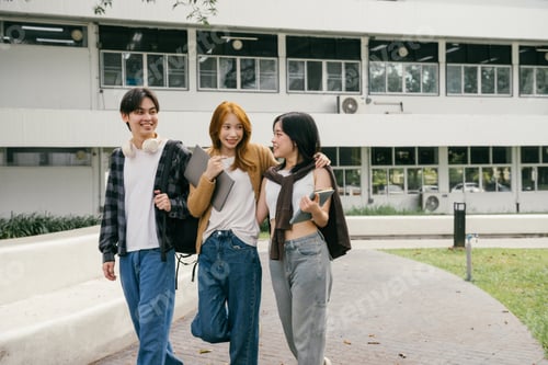 Preview: Three cheerful asian university students are walking together on campus, carrying books and laptops,