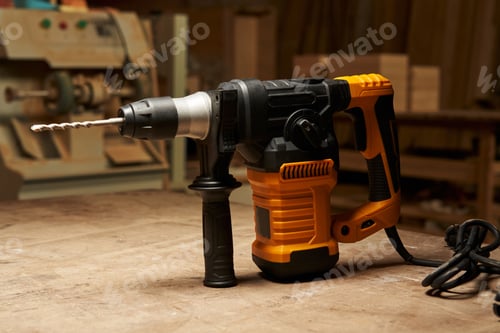 Preview: In a carpenter's workshop, a power drill with a network connection is on a wooden workbench. against