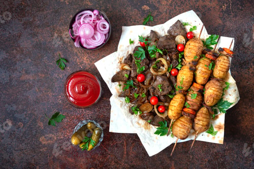 Preview: Fried liver, whole vegetables and mushrooms on skewers