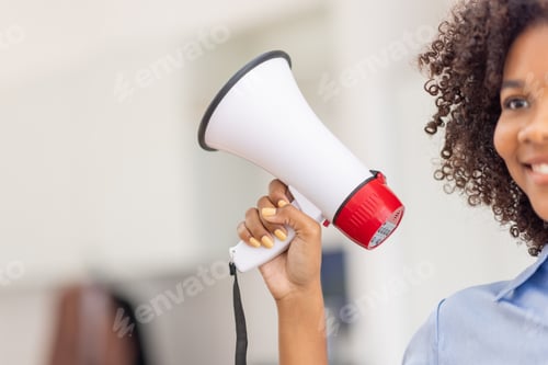 Preview: Business black african woman shouting on the megaphone. making Comment, reply, fail, notice and anno