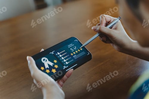Preview: Customer review good rating concept, smile face and five star on screen for positive feedback.